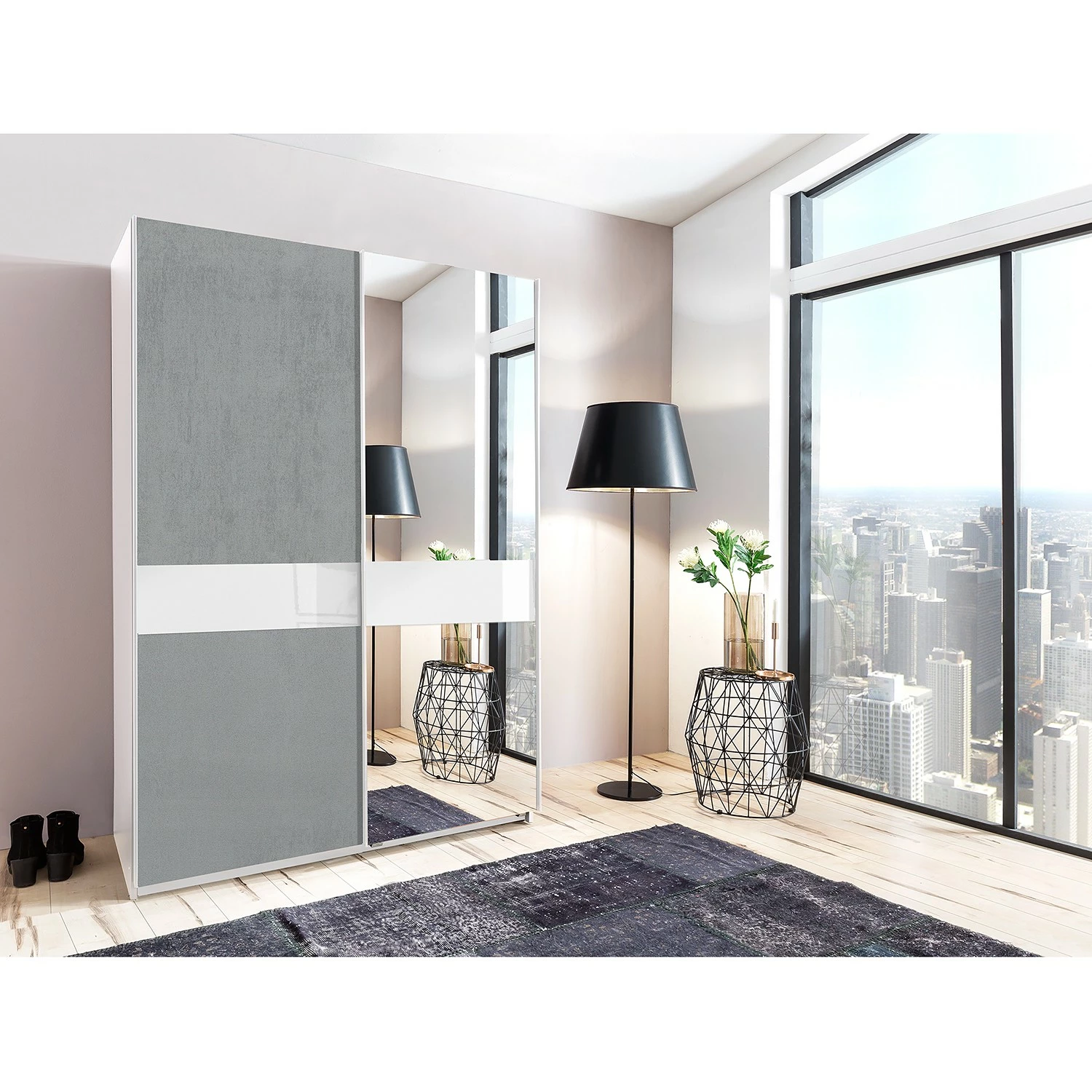 Wimex Schwebetürenschrank Weimar - Beton Dekor / Glas Weiß - Breite: 180 cm – Bild 2