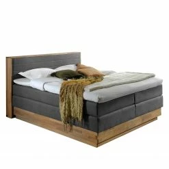 Naturoo Boxspringbett Moneta - Webstoff - Eiche massiv - Grau - 180 x 200cm - Doppelmatratze H2/H3