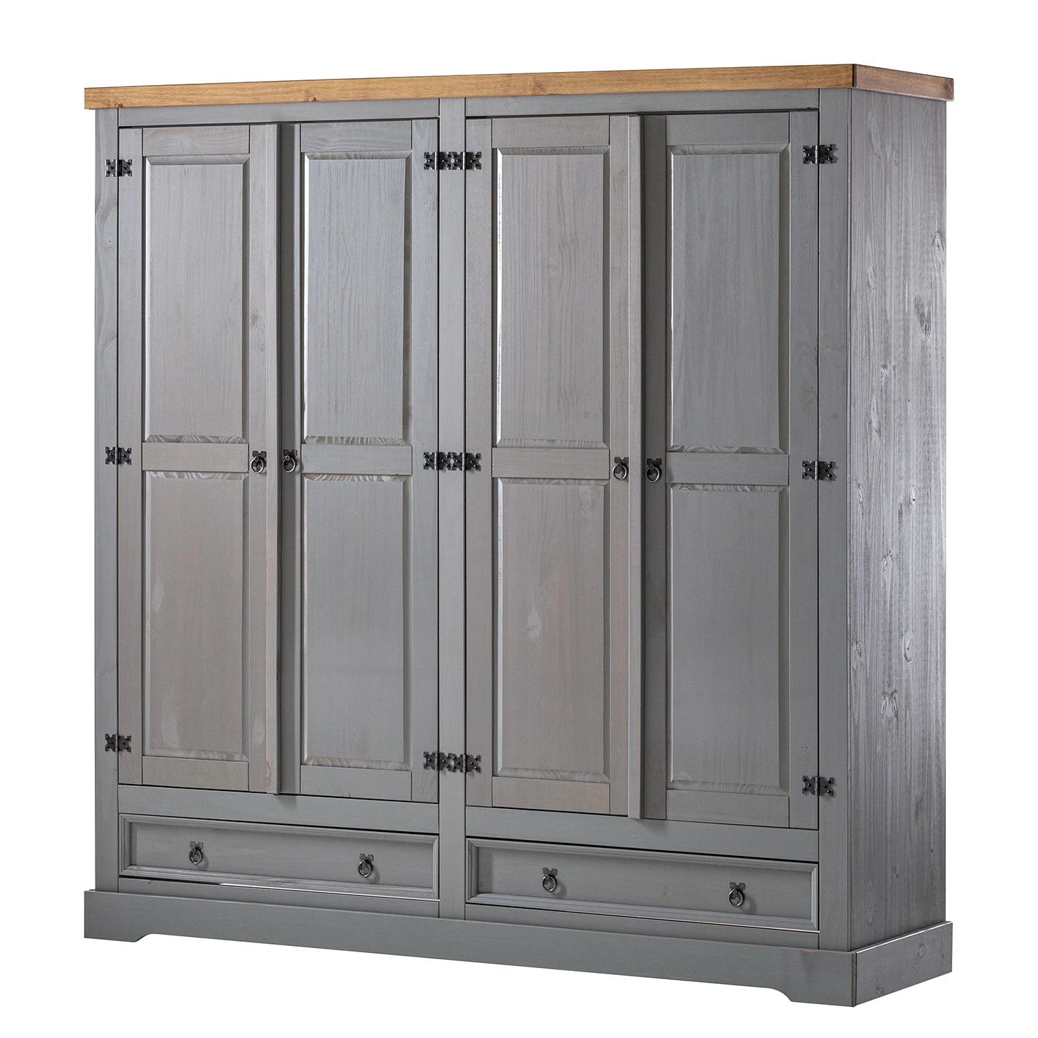 Maison Belfort Drehtürenschrank Finca Rustica II - Kiefer massiv - Kiefer Grau - Breite: 194 cm
