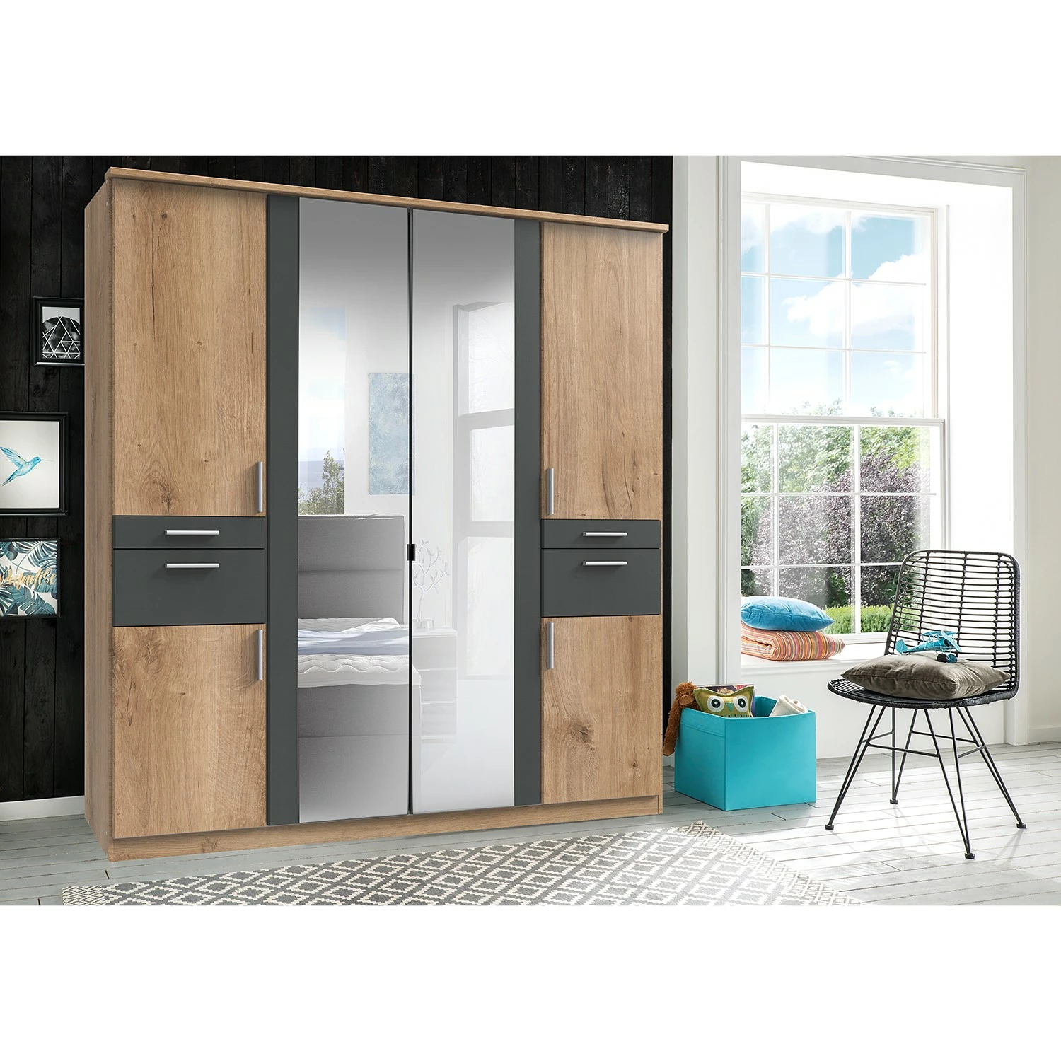 Wimex Drehtürenschrank Koblenz II - inkl. Accessoires Fach wahlweise link/rechts - Eiche Sägerau Dekor / Graphit - Breite: 179 cm – Bild 2