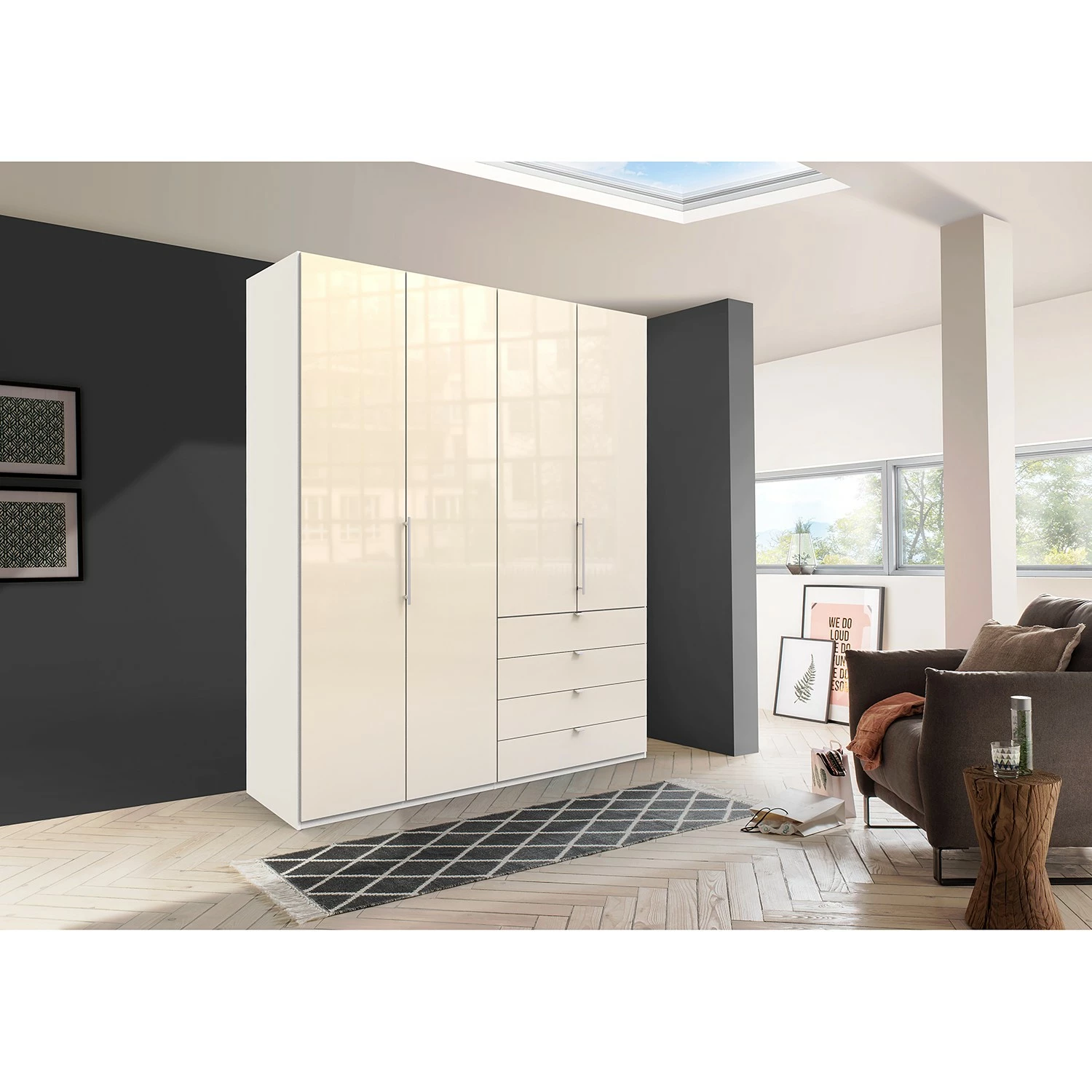 Wiemann Falttürenschrank Loft I - Alpinweiß / Glas Magnolie - Höhe: 236 cm - Schublade rechts – Bild 2