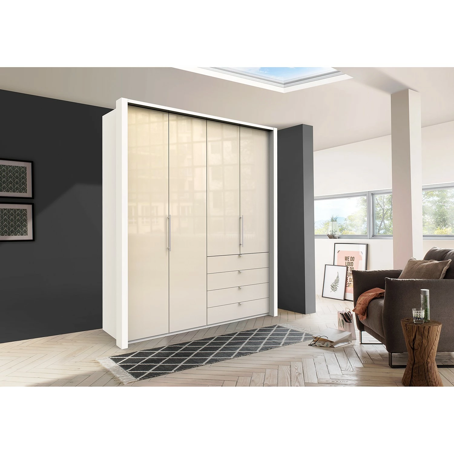 Wiemann Falttürenschrank Loft I - Alpinweiß / Glas Magnolie - Höhe: 236 cm - Schublade rechts – Bild 3