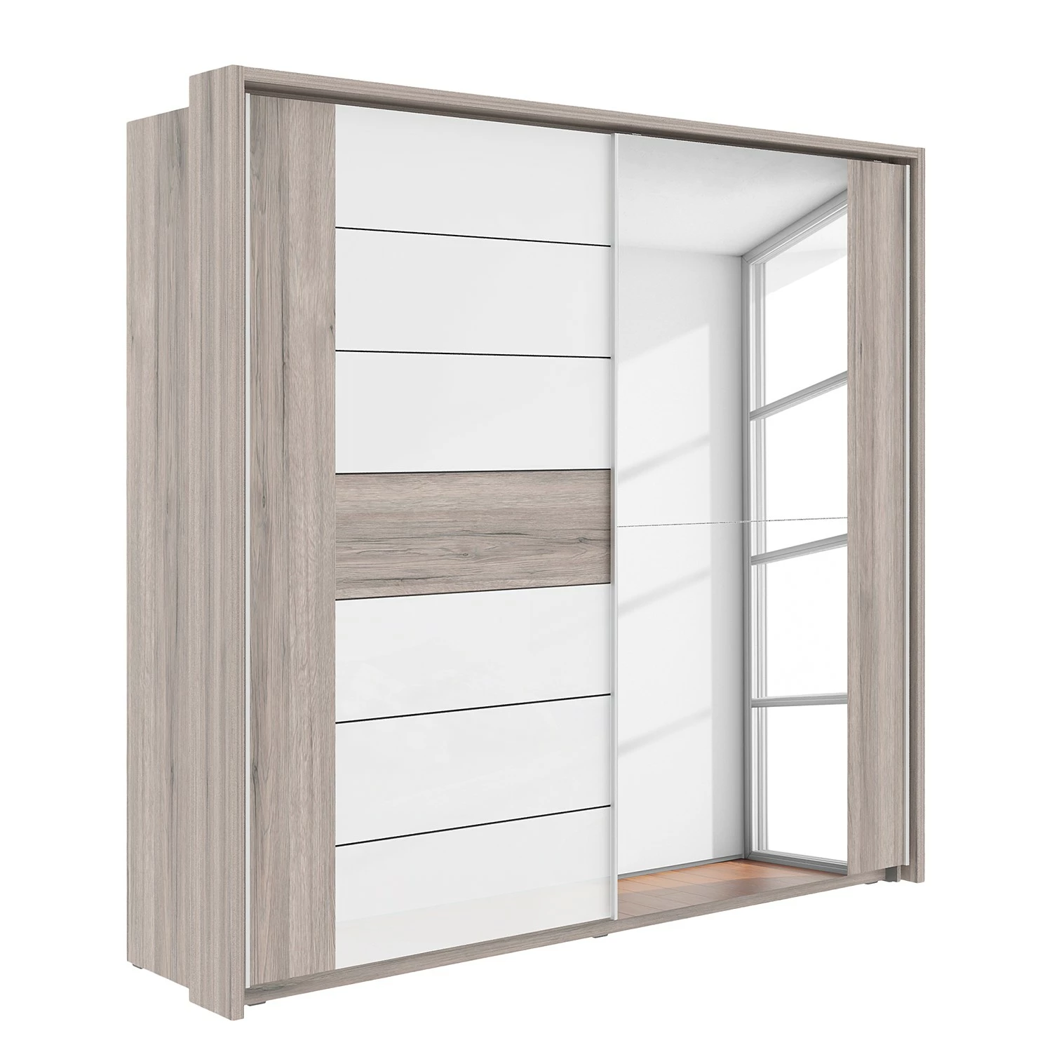 Loftscape Schwebetürenschrank Asperen - Sandeiche Dekor / Hochglanz Weiß