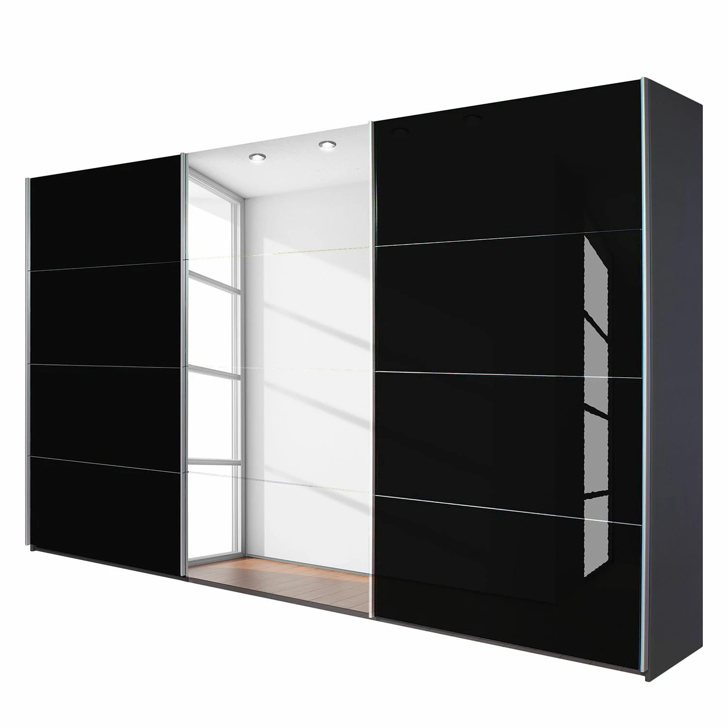 Rauch Orange Schwebetürenschrank Quadra (Mit Spiegel) - Grau-metallic / Glas Schwarz - Höhe: 210 cm - Breite: 315 cm