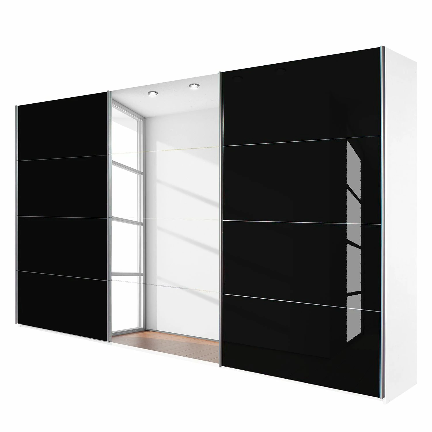 Rauch Orange Schwebetürenschrank Quadra (Spiegel) - Alpinweiß / Glas Schwarz - Breite x Höhe: 315 x 210 cm