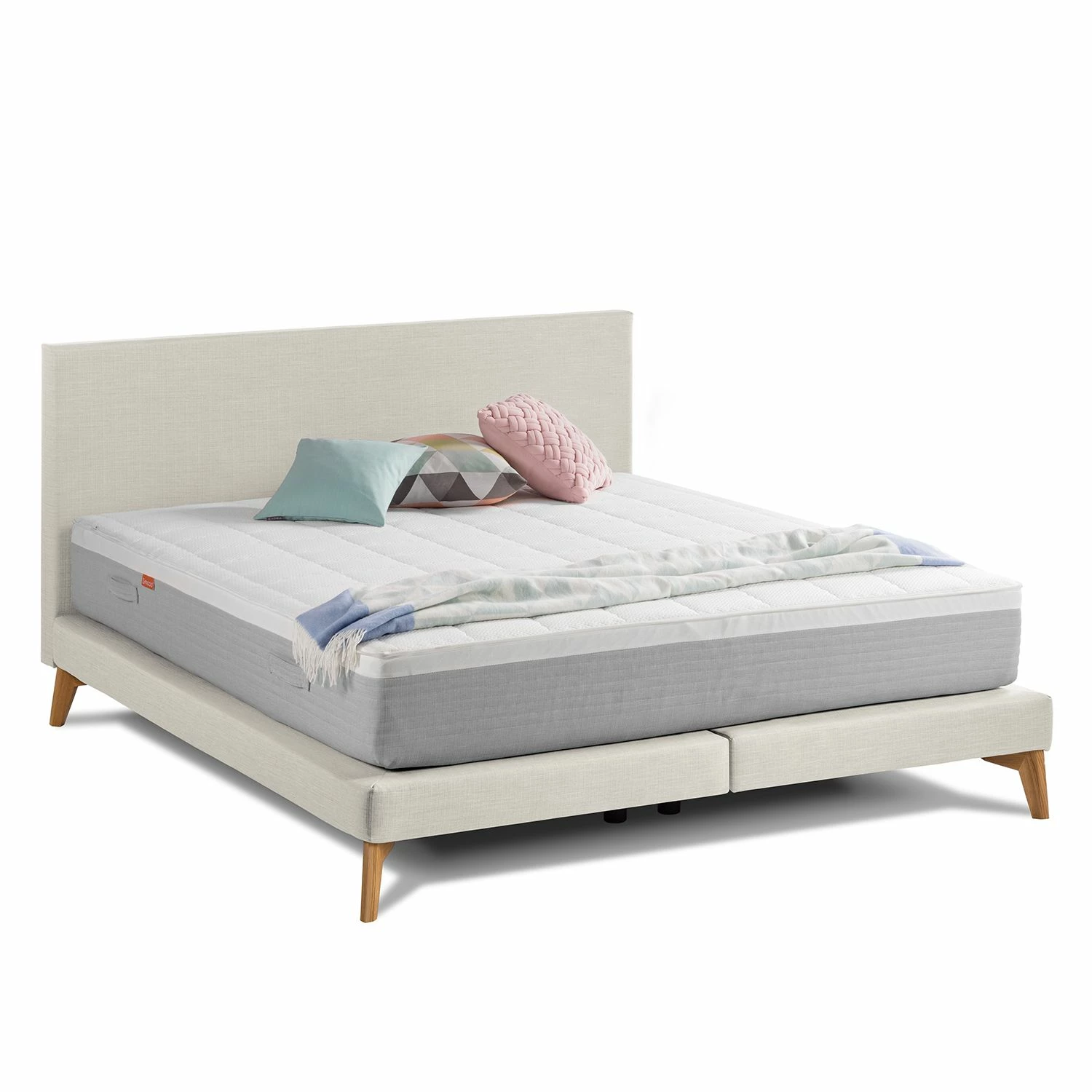 SmoodSpring Bett I - Webstoff / Eiche massiv - Creme - 180 x 200cm